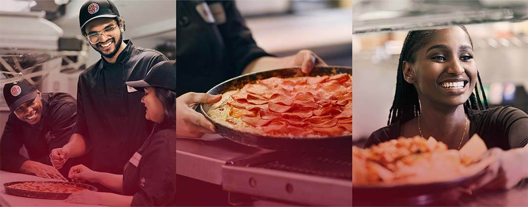 Employees smiling and closeups of pizza in the kitchen