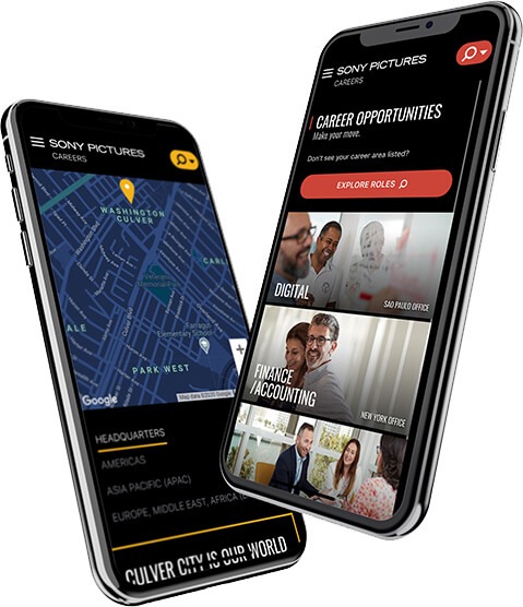 Two phones showing different screenshots of the SONY Pictures Career Site