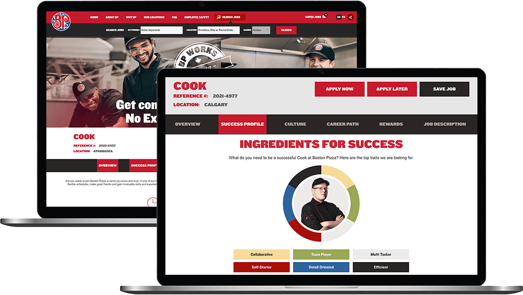 The Boston Pizza career site on two laptops